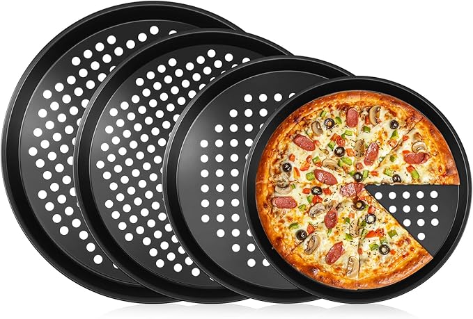 Afarnook 4 Pcs Pizza Baking Pan Round Non-Stick Tray Pizza Pan 9/10/11/12 Inches Round Dark Grey Tray with Holes Suitable for Baking Oven Electric Oven