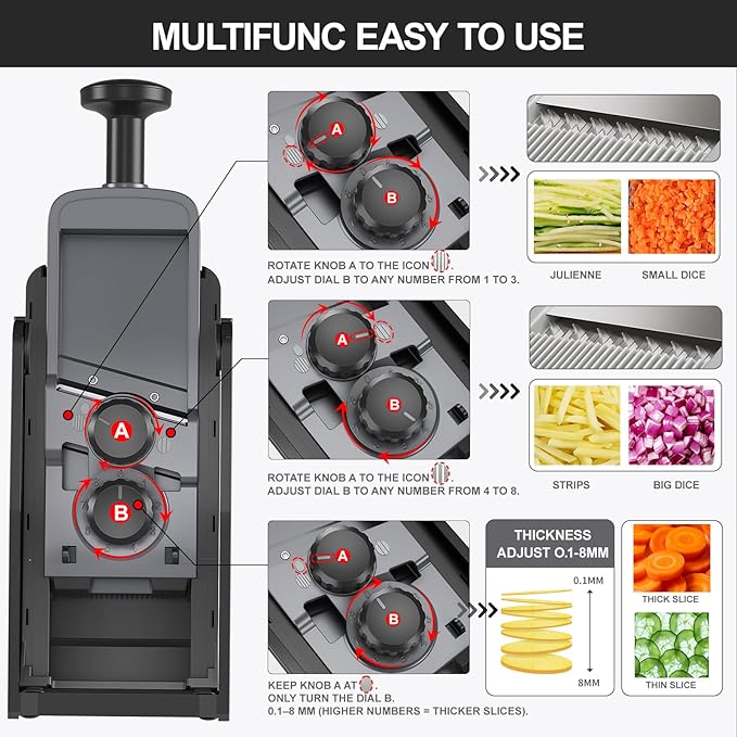 2026 Upgrade Safe Mandoline Slicer S4, Vegetable Chopper, Potato Slicer with Drain Basket Storage Container, Cheese Grater Kitchen Mandolin for Meal Prep (DeepBlack)