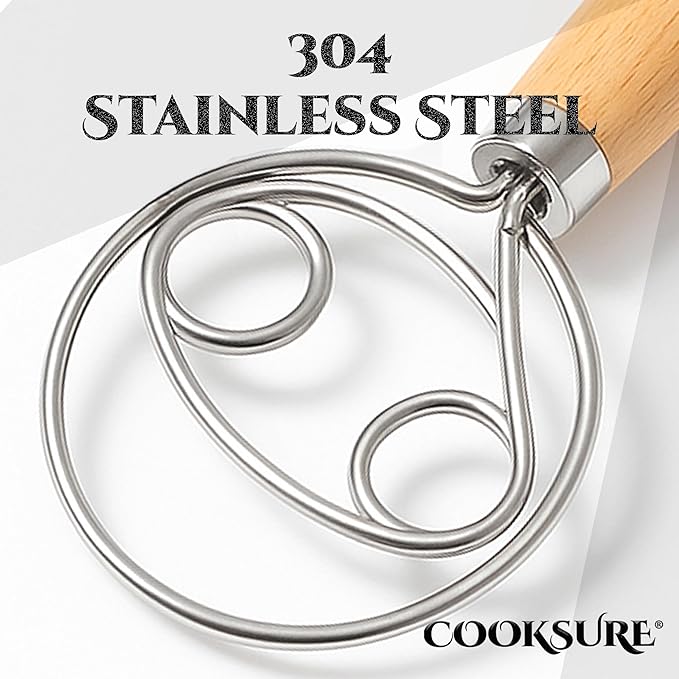 13 Inch Danish Dough Whisk – 304 Stainless Steel Dough Whisk with Smooth Wooden Handle for Easy Sourdough & Bread Mixing