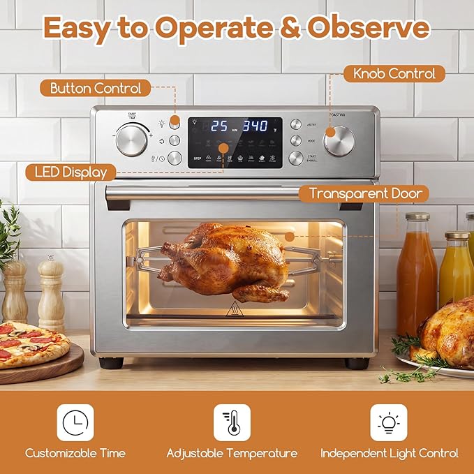 ARLIME 14-in-1 Air Fryer Toaster Oven Combo, 1700W Stainless Steel Countertop Convection Oven with Bake, Rotisserie, Dehydrate & Defrost Functions, 26 QT Large Capacity, 60-Minute Timer & Accessories