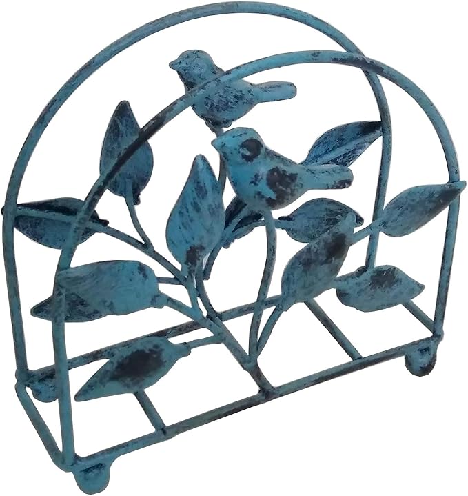 Cast Iron Bird & Tree Classic Napkin Holder/Tabletop Freestanding Tissue Dispenser, Turquoise