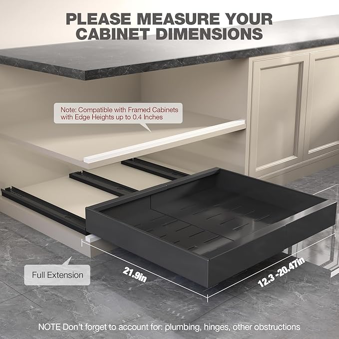 2 Pack Pull Out Cabinet Organizer 22" Deep,Full Extension 3 Slide Rails Slide Out Drawers With Raising Pad for Framed Cabinets,Expandable Width (12.3"-20.5"),No Drill Roll Out shelf,Black