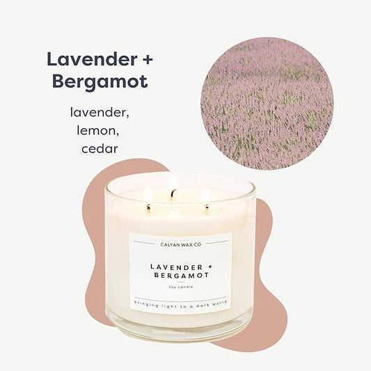 Calyan Wax Co. Lavender & Bergamot 3 Wick Scented Candle - 43 Hour Burn - Luxury 3 Wick Soy Candles - Non Toxic Soy Wax Candles - Long Lasting Large Glass Jar Candle for Home - 14.9oz