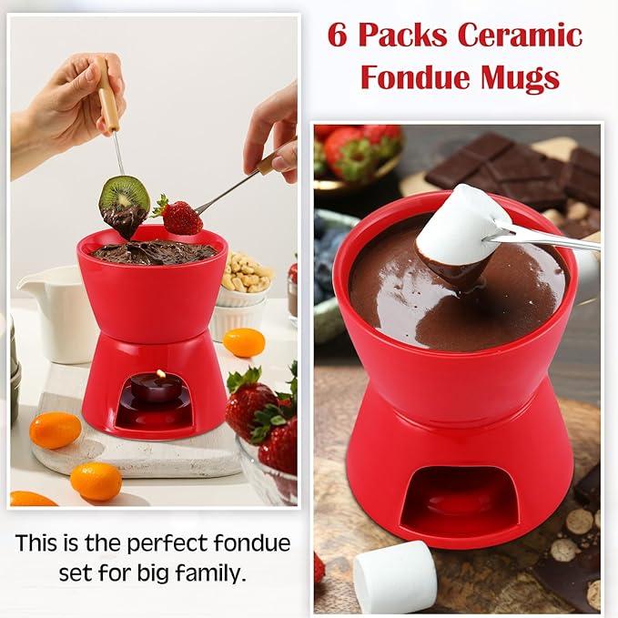 Mudder 6 Pieces Fondue Mug Ceramic Pot and 24 Pieces Forks Set for Melting Chocolate, Cheese, Broth or Tapas on Valentine's Day Gift(Red)
