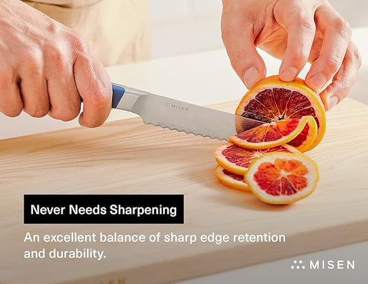 Misen Serrated Bread Knife - High-Carbon Japanese AUS8 Steel - Perfect for Soft Foods, Bread, Pastries, and Fruits - Verstatile Slicer, Razor-Sharp Edge, Durable Blade, Ergonomic Handle - 5", Blue