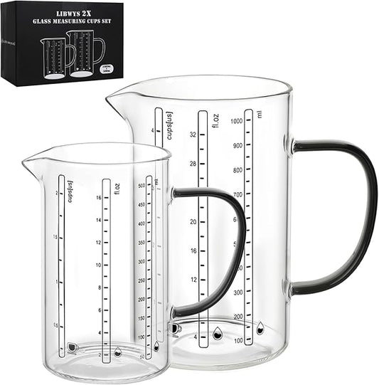 LIBWYS Glass Measuring Cup, 1000ml (32oz)+500ml (16oz) with Anti-slip Silicone Pad, Heat-resistant Borosilicate Glass Liquid Measuring Cup