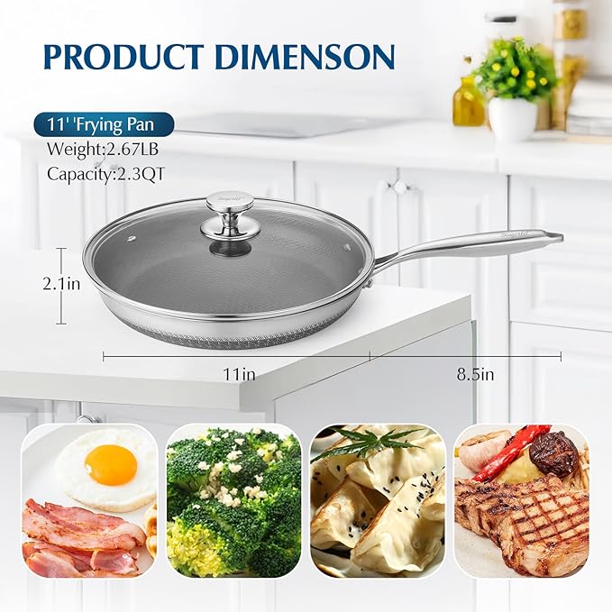 Dingerkit Non Stick Frying Pans, Stainless Steel Nonstick Fry pan with Honeycomb for Kitchen Cooking - 11” Skillet with Lid for Cookware - Works with Induction Cooktop Ceramic and Gas.