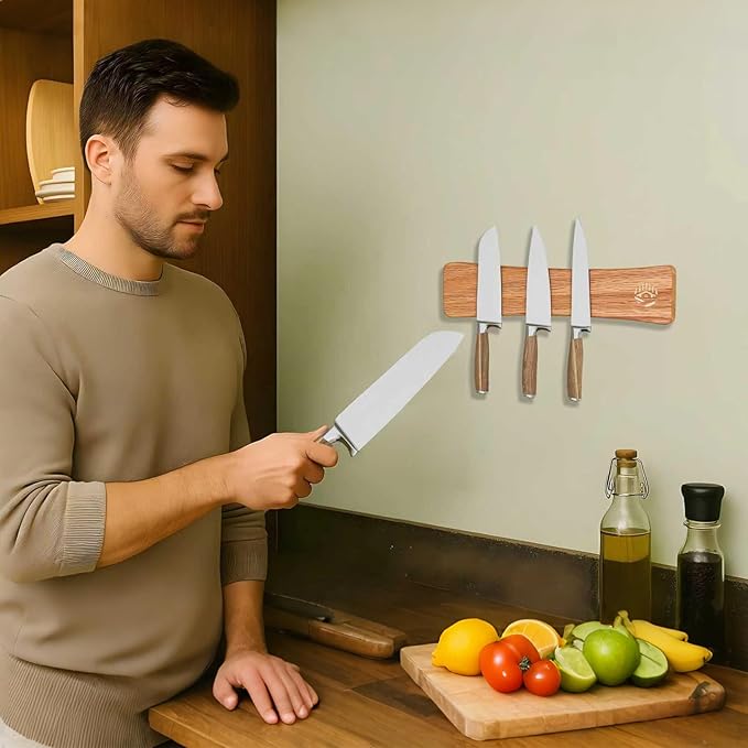 Magnetic Knife Strip, 16 Inch Oak Magnetic Knife Holder for Wall with N52 Strong Magnets, Premium Wooden Knife Magnetic Strip Organizer for Kitchen Knives, Tools,No Drilling