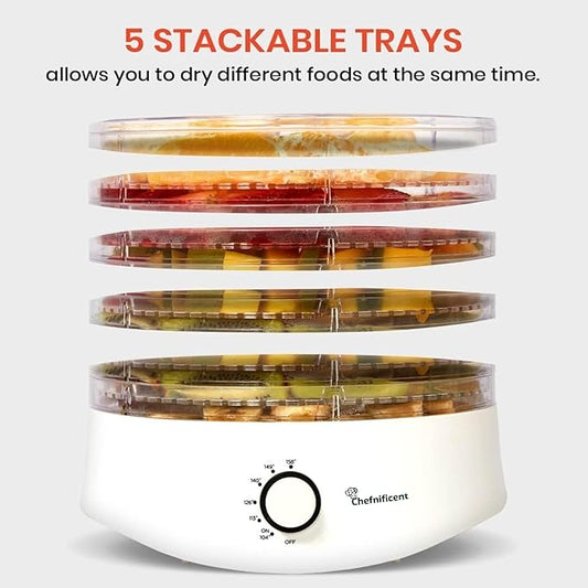 Food Dehydrator DryMax 280W – 5 Tray Adjustable, BPA-Free – 4-Hour Quick Drying, Even Heat, Easy Temp Control – Fruit, Veggie, Meat Jerky Maker (White)