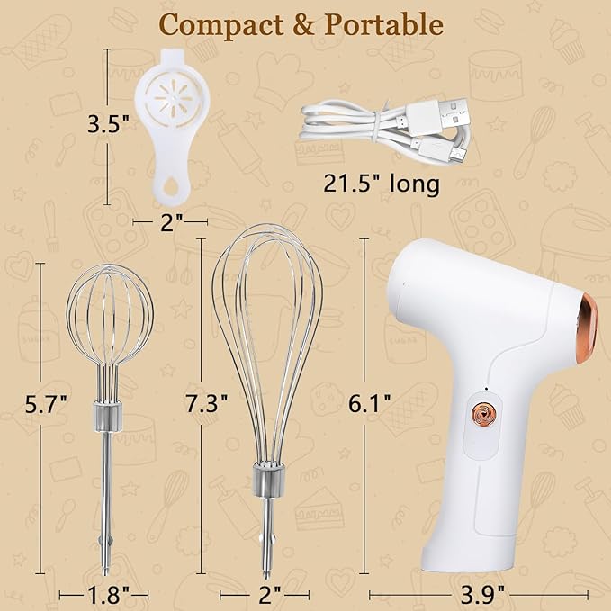 CHIDOYII Cordless Hand Mixer, Handheld Electric Whisk with 3 Speed Modes, Hand Held Egg Beater with 2 Detachable Stir Whisks (White)