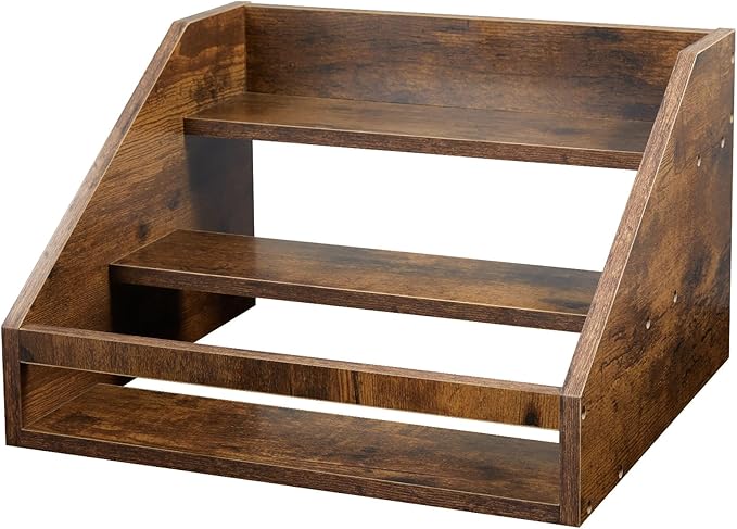 Liquor Bottle Display Shelf, Rustic Wood Coffee Syrup Rack Organizer, 3-Tier Countertop Liquor Wine Rack for Home Bar, Retro Bar Shelf Stand for Whiskey, Spirits