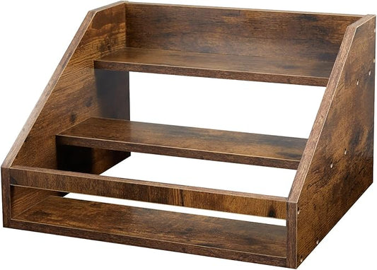 Liquor Bottle Display Shelf, Rustic Wood Coffee Syrup Rack Organizer, 3-Tier Countertop Liquor Wine Rack for Home Bar, Retro Bar Shelf Stand for Whiskey, Spirits