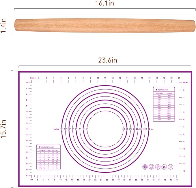 16 Inch Wood Rolling Pin for Baking, Wooden French Dough Roller with Purple Silicone Pastry Mat, Beech Wood Rolling Pins for Baking Dough, Pizza, Pie, Pastries, Pasta and Cookies