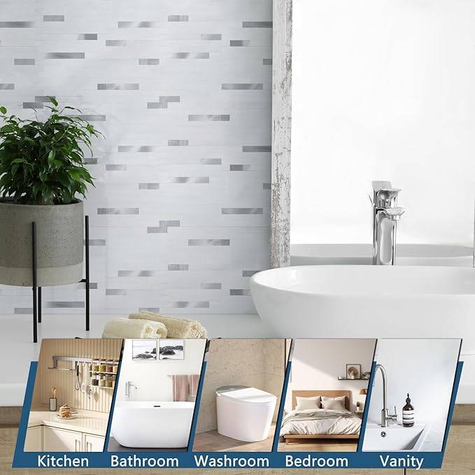 Yipscazo 2 Sheets Peel and Stick Stone Metal Backsplash Tiles, PVC Wall Tiles Stick on Backsplash for Kitchen, Bathroom (6'' X 12'', White with Grey)