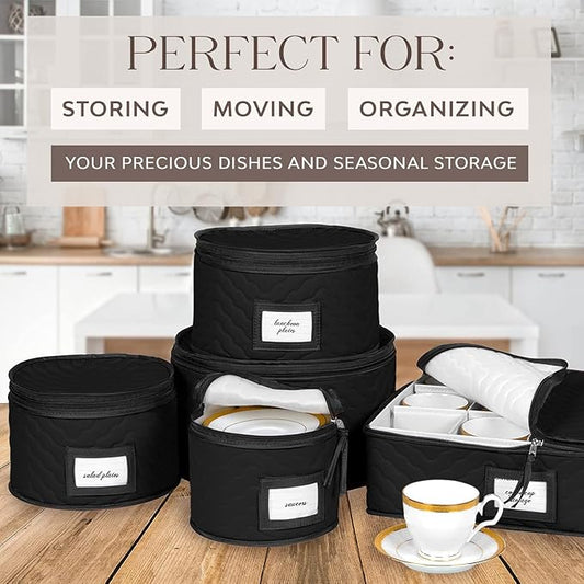 China Storage Containers 5-Piece Set Moving Boxes for Dinnerware, Glasses, Plates, Mugs and Saucers Sturdy Quilted Microfiber Dish Organizer with Dividers for Seasonal Storage - Holds Set of 12, Black