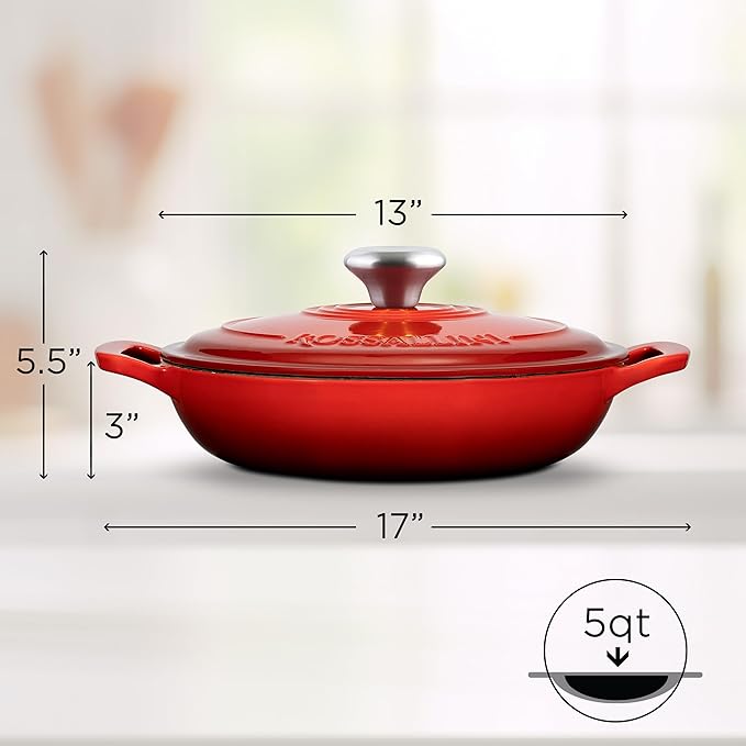 ROSSALLINI Signature Enameled Cast Iron Braiser, Non-Stick Serving Pot with Tight Fitting Lid for Perfect Roasting, Baking, Sauteing, Searing, and Pan Frying | 5Q (4.7L) - Red