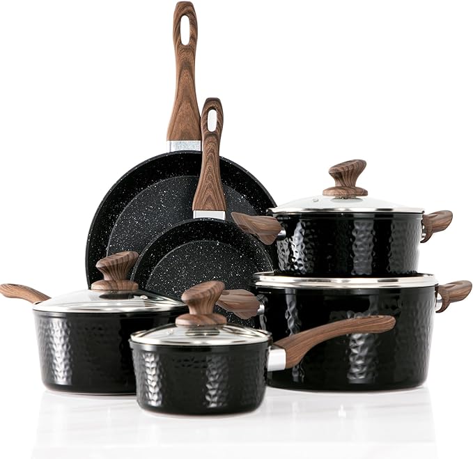 Kitchen Academy Pots and Pans Set Non Stick - 15 Pcs Black Induction Kitchen Cookware Sets, Healthy Non-toxic Hammered Cooking Pans Set
