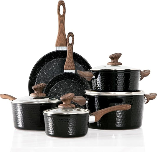 Kitchen Academy Pots and Pans Set Non Stick - 15 Pcs Black Induction Kitchen Cookware Sets, Healthy Non-toxic Hammered Cooking Pans Set