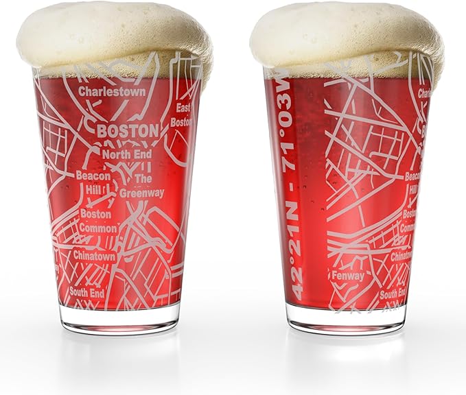 Greenline Goods – Boston, MA Map Pint Beer Glasses (Set of 2), 16 oz – Etched Wrap Design