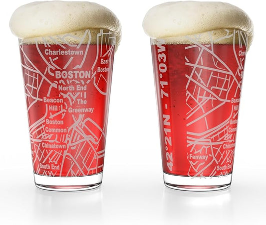 Greenline Goods – Boston, MA Map Pint Beer Glasses (Set of 2), 16 oz – Etched Wrap Design