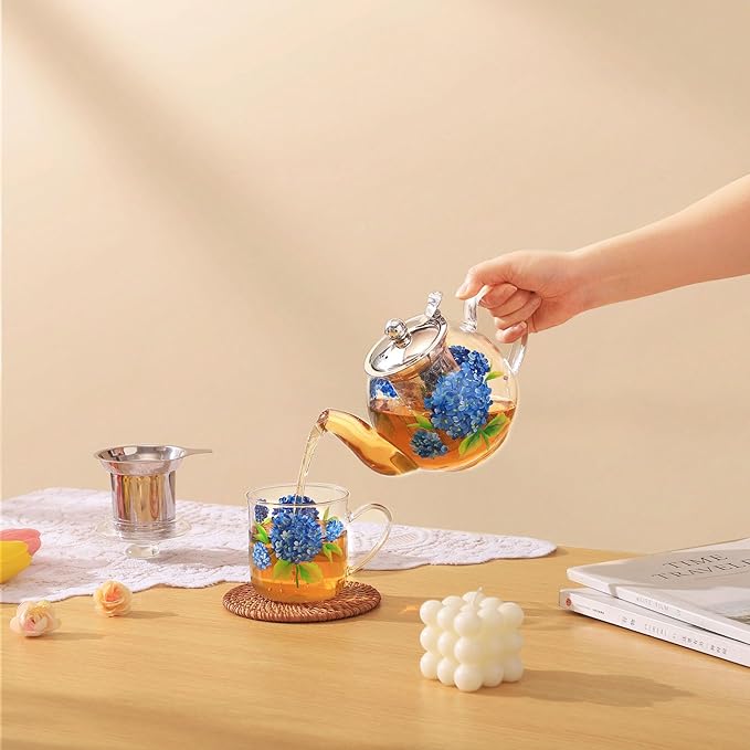 1000ml/35oz Hand Painted Pattern Glass Teapot For Stovetop,Tea Pot For Loose Tea,Glass Tea Kettle With Infuser (Hydrangea)