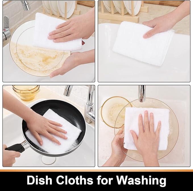 Mordimy 100% Cotton Terrycloth Kitchen Towels and Dishcloths Sets, Soft and Absorbent Checkered Dish Towels, Quick Drying Dish Rags for Washing Dishes, 4 Pack 16" x 26" & 4 Pack 12" x 12", White
