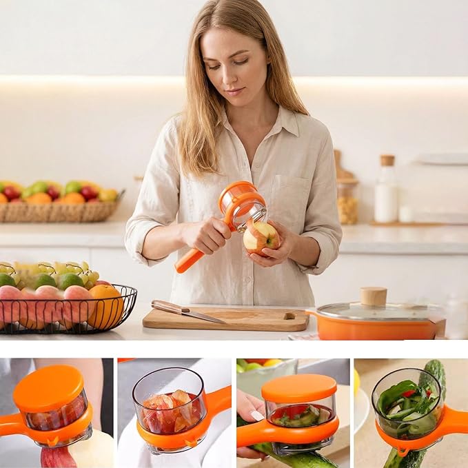 Upgrade Fruit & Vegetable Kitchen Peeler with Storage Box -Safe and Efficient Double-Sided Sharp Stainless Steel Blade,Easy to Clean Peeler with Box Storage,Mess-Free Vegetable & Fruit Prep(Orange)