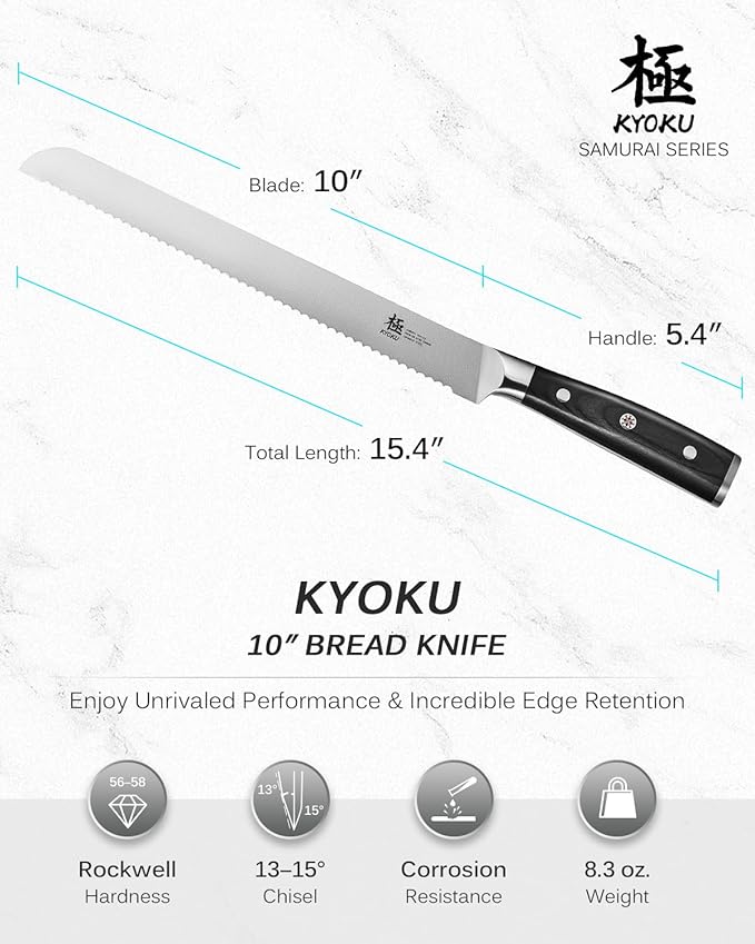 KYOKU 10" Serrated Bread Knife, Samurai Series Serrated Knife for Homemade Bread Pastries with Pakkawood Handle, Japanese Style High Carbon Steel Cake Knife, Full Tang Bread Knife with Sheath & Case