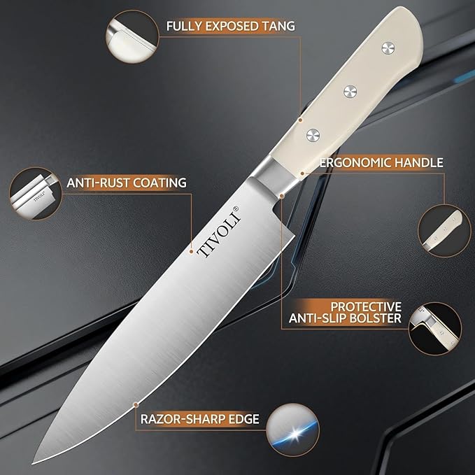 TIVOLI 15 Pieces Knife Set with Block, Forged, High Carbon Stainless Steel Sharp Blade Kitchen Knife Block Set with Ergonomic Wood Handle, Dishwasher Safe Cutlery, Gifts For Cooks, Cream White