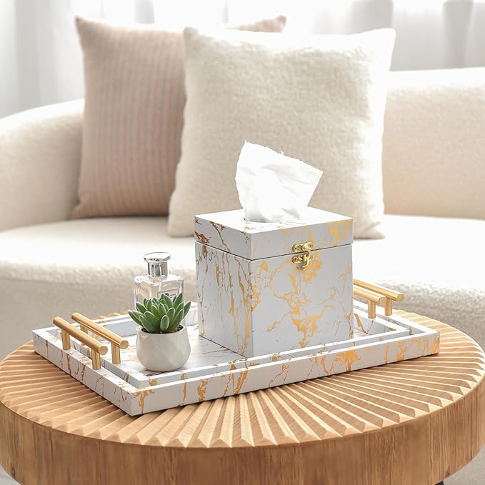 Modern Decorative Tray Set of 2 - White and Gold Marble Wood Serving Tray with Gold Polished Metal Handles for Ottoman, Coffee Table, Bathroom and More