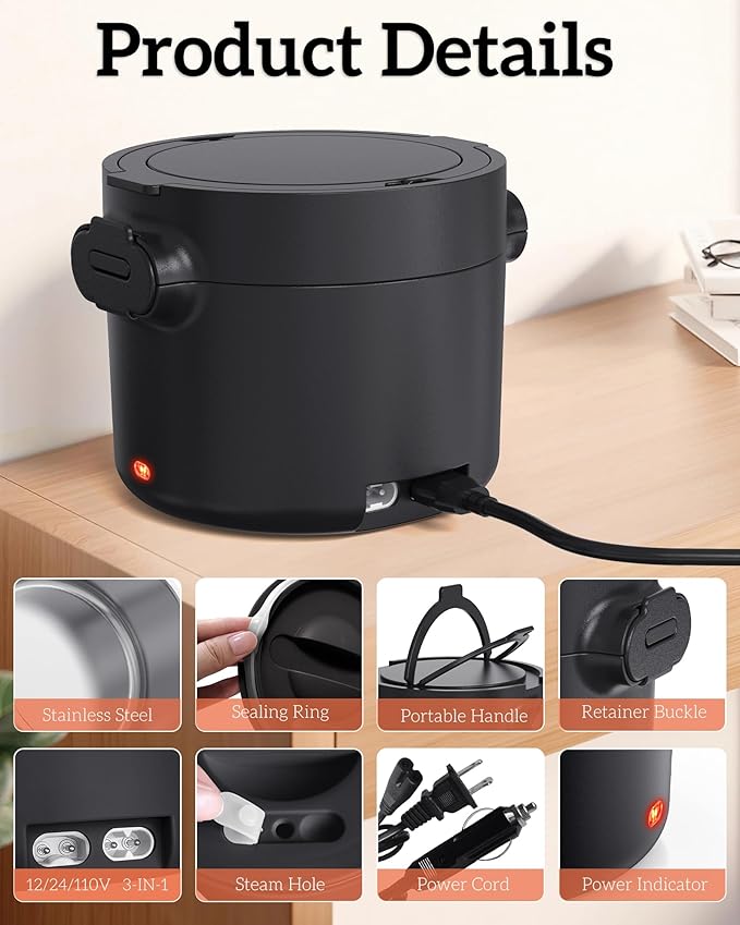 Electric Lunch Box, 33OZ Portable Food Warmer | 100W Rapid Heating & Leak-Proof 304 Stainless Steel | 3-in-1(Car 12V/24V & Home 110V) | Perfect for Work/Travel,On-the-Go,Ideal Gift for Men & Women
