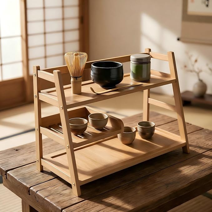 3 Tier Bamboo Matcha Station, coffee station organizer Shelf with Drawer for Kitchen Countertop, Tea Bar - Matcha Powder, Tools & Cup Organizer for Matcha Lovers, Home Baristas.