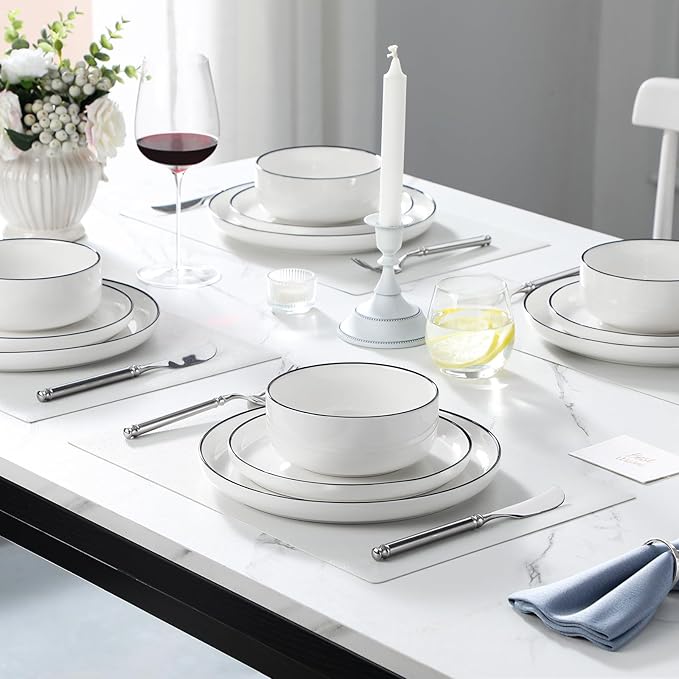 MALACASA Plates and Bowls Sets, 24 Pieces Modern Porcelain Dinnerware Set for 8 White Kitchen Dinner Dining Ware Set wtih Black Rim Ceramic Dishware Dishes Microwave and Dishwasher Safe, Series LUNA