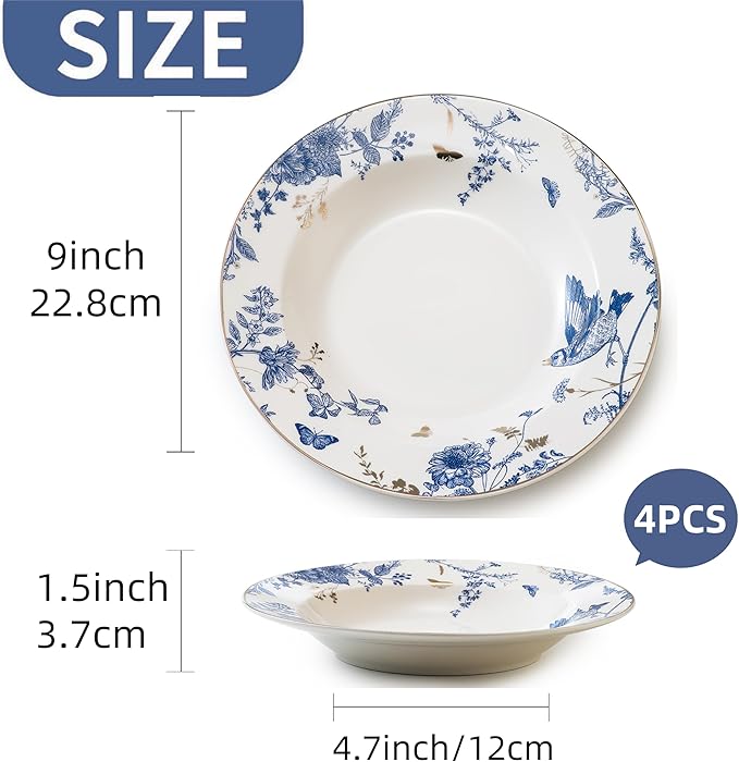 Soup and Pasta Bowls Set of 4,Ceramic Soup Bowls Dinner Bowls Plates Porcelain 9 inches Wide Rim Bowls Set Floral Dinnerware Set Pasta Plates Ideal Serving for Soup,Dessert,Noodle,Thanksgiving