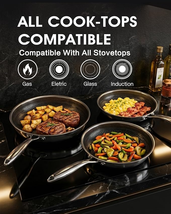 Tibbicc NonStick 6 Pcs Frying Pan Set 8, 10, and 12 Inch Fry Pans with Tempered Glass Lids, Stay-cooling Handle, PFOA Free Non Toxic Dishwash & Oven Safe Kithchen Cookware Set Compatible All Cooktops