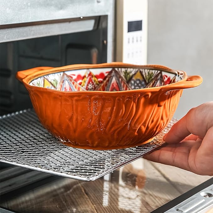 XKXKKE 4 Pack Boho Ceramic Serving Bowls with Handles, 40 Oz Porcelain Salad Bowls, Large Serving Dishes for Entertaining, Mixing Bowls for Soup, Stew, Pasta, Cereal, Colorful Embossed Cute Bowls Set