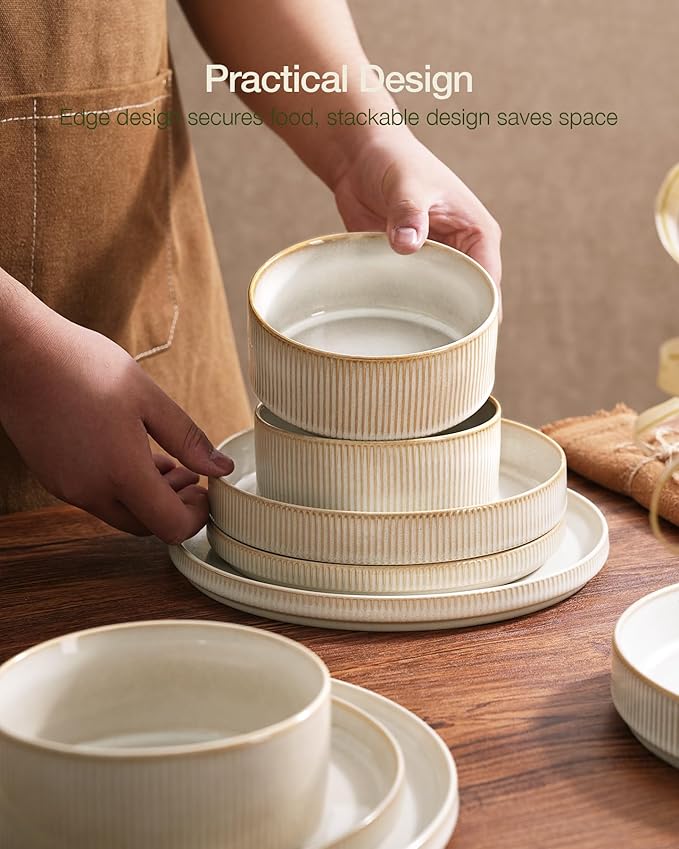 famiware Star Dinnerware Sets, Plates and Bowls Set for 4, 12 Pieces Ribbed Dishes - Chip and Scratch Resistant, Microwave and Dishwasher Safe Tableware, Cappuccino White