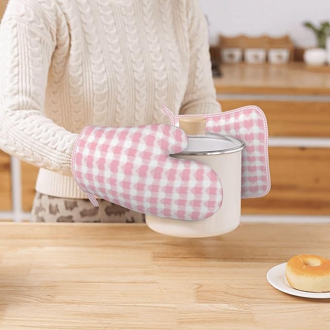Oven Mitts and Pot Holders Pink Plaid Heart Pattern Silicone Kitchen Accessories Set of 4 Heat Resistant Long Gloves Potholder Non-Slip Grip for Chef Cooking Baking Grilling BBQ