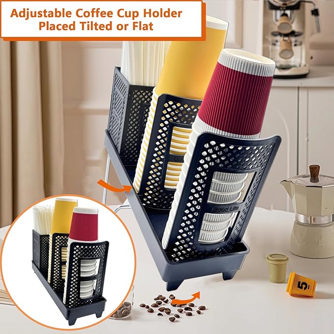Coffee Cup Holder, Paper Cup and Lid Holder Dispenser with Straw Organizer,3-Slot Upright Disposable Plastic Coffee Cup Dispenser for Stations, Kitchens, Bars, Restaurants, Lounges (Black)