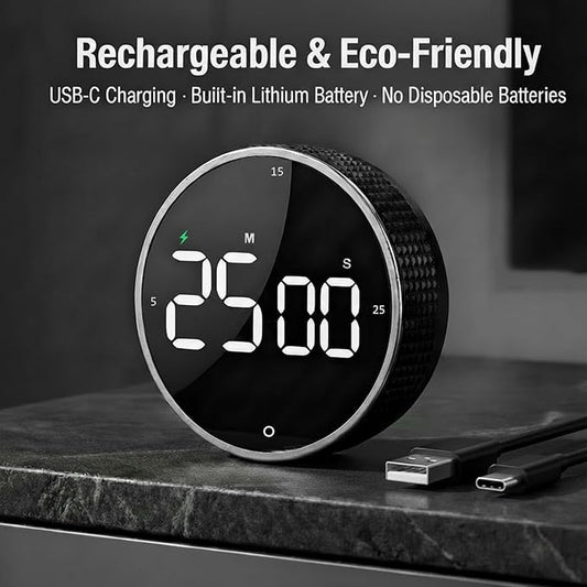 Rechargeable Magnetic Kitchen Timer, LED Countdown/Count-Up Timer, Supports USB-C Charging, with Loud Alarm, 3 Preset Quick Times (5/15/25m), Perfect for Kitchen Cooking, Studying, and Fitness