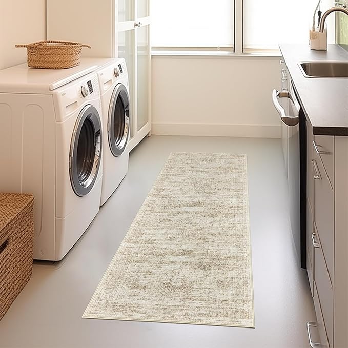 Long Bathroom Rugs Runner - Washable Runner Rugs for Hallway 2x10, Ultra-Thin Soft Kitchen Carpet Runner, Anti Slip Backing Runner Rugs for Entrance, Bedroom, Living Room(2'x10', Beige/Ivory)