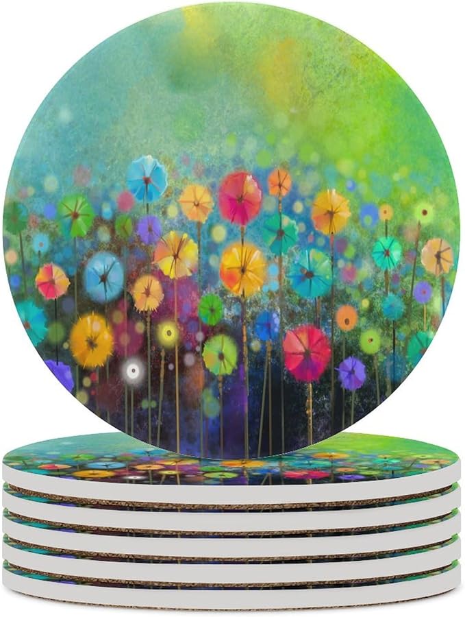 Round-6PCS Floral Drink Coasters, Round Modern Ceramic Absorbent Coasters, Watercolour Abstract Wildflower Nature Plant Colorful Floral Decor Desk Coffee Table Coaster for Beverage Cup Tea Coasters