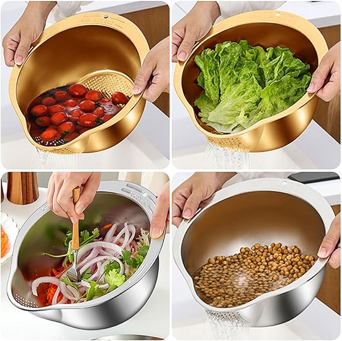 Stainless Steel Rice Strainer Bowl With Side Drainers，Rice Strainer Fine Mesh，Fine Strainers for Quinoa for Cleaning Fruits Vegetables Beans，Versatile Kitchen Tool，10.55" x 5.31" (Silver)