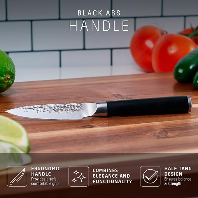 Swiss Diamond Paring Knife, German Steel With ABS Handle, Half Tang Handle, Hammered Blade Chef Knives Professional Grade, 55+2 Rockwell Hardness, 4.5 Inch