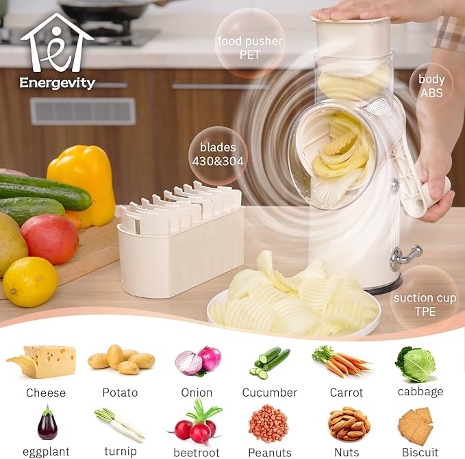 Manual Rotary Cheese Grater with Handle, 5 in 1 Replaceable Stainless Blades Cheese Shredder,Strong Suction Base Vegetable Slicer with Cleaning Brush & Bonus Storage Box for Blades (white)