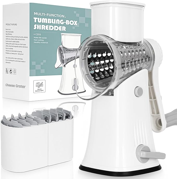 5-in-1 Rotary Cheese Grater Hand Crank, Vegetable Slicer Shredder with 5 Interchangeable Blades, Graters for Kitchen, Safe Kitchen Tool for Cheese, Nuts, Chocolate, White
