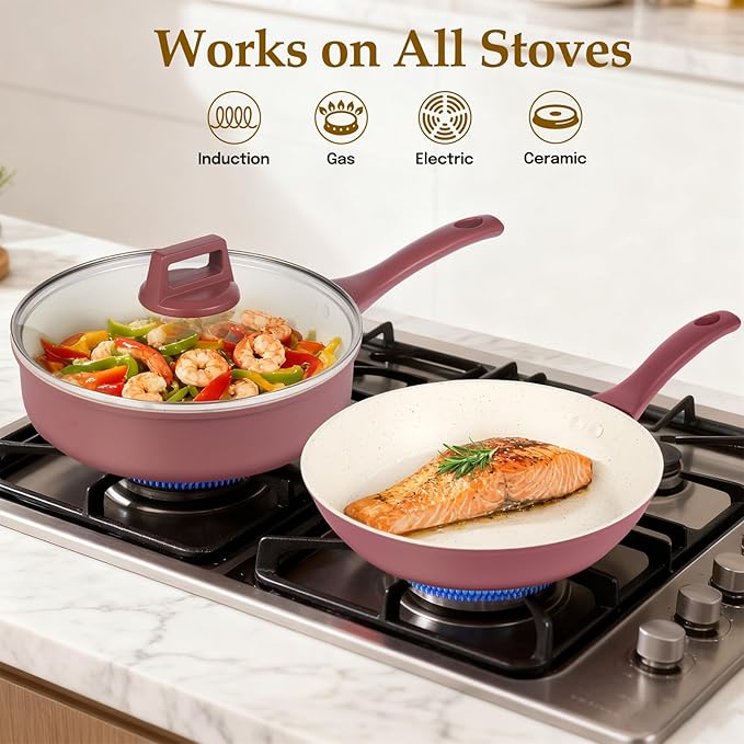 Pots and Pans Set Non Stick, 11-Piece Nonstick Induction Cookware Set, Non-Toxic Kitchen Cooking Set with Frying Pans, Saucepan, Stock Pot, PFOA Free, Red Brown