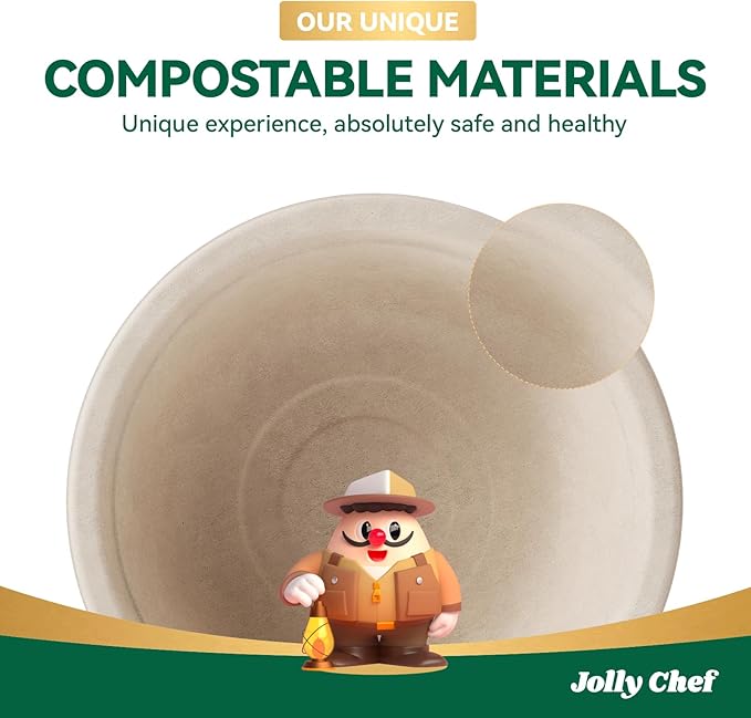 JOLLY CHEF Compostable Disposable Paper Bowls [16 oz] Heavy Duty Soup Uncoated Containers [150 Pack] Biodegradable Bagasse Hot Cold Eco-Friendly Natural Sugarcane Microwavable for Dessert Christmas