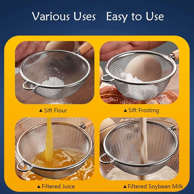 Fine Mesh Strainer with Hook, Stainless Steel Mesh Sieve with Handle, Kitchen Metal Food Strainer Sifter for Quinoa, Rice, Pasta, Fruits, Vegetables, Set of 3, 2.8", 3", 4"
