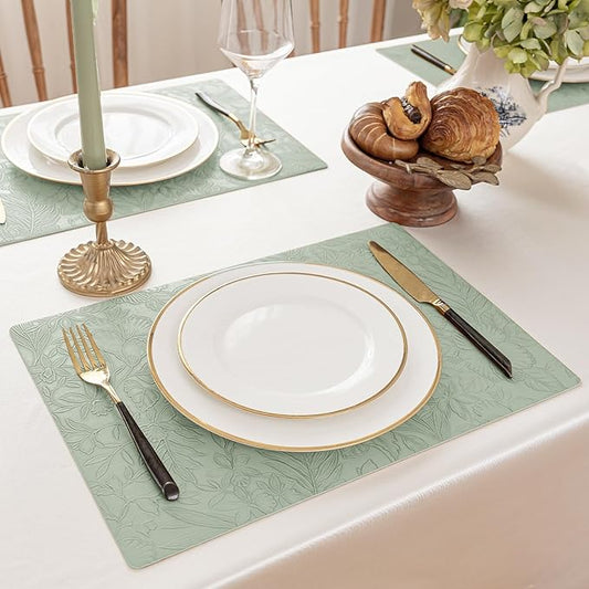 Romanstile Vinyl Placemats Set of 4-12 X 17 Inch - Heat Resistant Non-Slip Embossed Floral Place Mats 100% Waterproof Oilproof Wipeable Faux Leather Table Mats for Kitchen/Dining/Party, GrassGreen